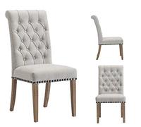 BTEXPERT Juego de 2 sillas de comedor tapizadas con respaldo alto Parsons de madera maciza, adornos de clavos, color gris lino