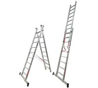 BTF | Escalera Plegable Aluminio Transformable 2 Tramos | Combinada 2 Secciones x 9 Peldaños, Escalera de Tijera y Extensible de Apoyo, Altura Apoyo 4,0m, Tijera 2,5m, Certificada EN131 Uso Doméstico
