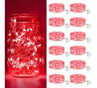 btfarm - Lote de 12 mini guirnaldas LED con pila, 2 m, 20 LED, 3 modos de batería, IP65, impermeable, pequeña guirnalda luminosa LED, interior, decoración para San Valentín, rojo