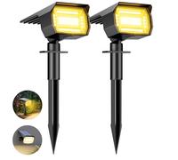 btfarm - Lote de 2 focos solares exteriores, 72 LED lámpara solar impermeable IP65, luz solar con 3 modos de iluminación, ajustable 120° proyector solar exterior para jardín, camino blanco cálido