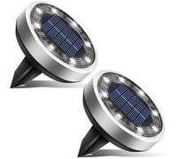 btfarm Luces solares para jardín al aire libre, paquete de 2 luces solares de suelo, 8 luces LED de disco solar para exteriores, IP65, impermeables, para jardín, camino, césped, patio, paisaje (blanco