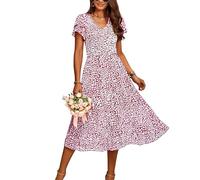 BTFBM Vestido Largo Casual de Verano para Mujer, con Volantes, Manga escalonada, Fruncido, Bohemio, Floral, Cuello en V, para invitada de Boda, Floral Vino Rojo, XL