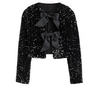 BTFONIA Chaqueta de mujer con lentejuelas y lazo en la parte delantera, top corto brillante de manga larga con lazo para fiestas, conciertos y noches(Nero,XL)