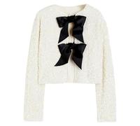 BTFONIA Chaqueta de mujer con lentejuelas y lazo en la parte delantera, top corto brillante de manga larga con lazo para fiestas, conciertos y noches(White,XL)