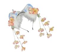 Btgghytr Diadema para mujeres y niñas, diadema de orejas de gato peludas con borlas de flores colgantes para eventos de anime y juegos de rol
