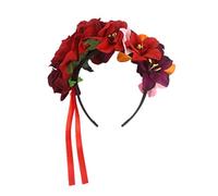 Btgghytr Diadema para mujeres y niñas, para Halloween, Día de los Muertos, playa, vacaciones, orquídea artificial, corona de flores, cintas rojas, festividades, festivales, fiestas, corona