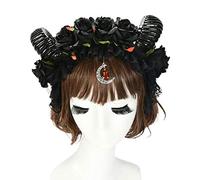 Btgghytr Diadema para mujeres y niñas, para Halloween, gótica, Lolita, hecha a mano, diseño de rosas, cuernos de oveja, aro con volantes, encaje y luna, colgante de gota, retro, cosplay, accesorios