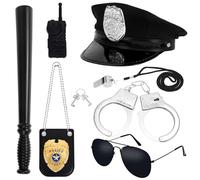 BTHRORO 7 Piezas Set de Disfraz Policia para Niños, Incluye Gorra, Esposas, Walkie Talkies, Placa, Gafas de Sol, Silbato y Bastón