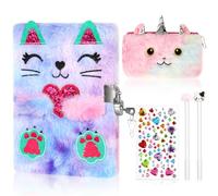 BTHRORO Diario Secreto Niña, Libreta de Peluche con Candado Pegatinas Bolígrafo y Bolsa de Papelería para Niñas Material Escolar