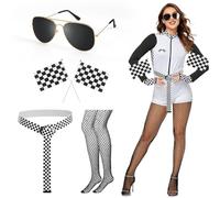 BTHRORO Disfraz de Conductor de Coche Accesorios para Mujer, Disfraz Sexy de Corredora con Gafas Negras Banderas de Cuadros Cinturón y Medias de Red para Carnaval Halloween y Fiestas de Disfraces