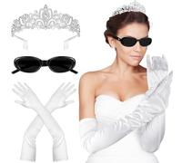 BTHRORO Princess Diaries Disfraz Mujer, Mia Princesa Tiara Corona Gafas De Sol Y Guantes Largos Blancos Accesorios Años 20 para Fiestas Temáticas Halloween Carnaval