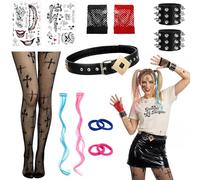 BTHRORO Quinn Disfraz Mujer, Suicida Guantes Peluca Cinturón Medias de Red Tatuaje Costume de Joker para Mujer Halloween Carnaval Cosplay