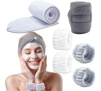 BTIYMU 6 Piezas Diadema Maquillaje Muñequeras Skincare Kit, Ajustable Cinta Pelo Maquillaje Diadema Facial Spa para Lavarse la Cara Desmaquillar Set Mujer Niña(Blanco, Gris)