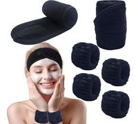 BTIYMU 6 Piezas Diadema Maquillaje Muñequeras Skincare Kit, Ajustable Cinta Pelo Maquillaje Diadema Facial Spa para Lavarse la Cara Desmaquillar Set Mujer Niña Negro