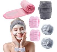 BTIYMU 6 Piezas Diadema Maquillaje Muñequeras Skincare Kit, Ajustable Cinta Pelo Maquillaje Diadema Facial Spa para Lavarse la Cara Desmaquillar Set Mujer Niña(Rosa, Gris)