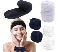 BTIYMU 6 Piezas Diadema Maquillaje Muñequeras Skincare Kit, Ajustable Cinta Pelo Maquillaje Diadema Facial Spa para Lavarse la Cara Desmaquillar Set Mujer Niña(Negro, Blanco)