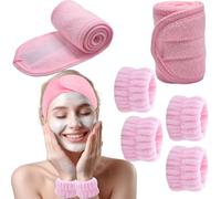 BTIYMU 6 Piezas Diadema Maquillaje Muñequeras Skincare Kit, Ajustable Cinta Pelo Maquillaje Diadema Facial Spa para Lavarse la Cara Desmaquillar Set Mujer Niña Rosa