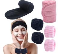 BTIYMU 6 Piezas Diadema Maquillaje Muñequeras Skincare Kit, Ajustable Cinta Pelo Maquillaje Diadema Facial Spa para Lavarse la Cara Desmaquillar Set Mujer Niña(Negro, Rosa)