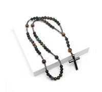 BTMDECOR Collar con colgante de cruz de piedra de ojo de tigre, joyería religiosa ajustable con cordón de cuero, embalaje listo para regalo (pavo real verde)