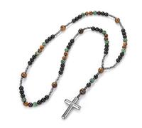 BTMDECOR Collar con colgante de cruz de piedra de ojo de tigre, joyería religiosa ajustable con cordón de cuero, embalaje listo para regalo (70 cm)