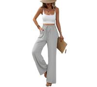 Btofellin Pantalones de pierna ancha, pantalones casuales ligeros para mujer, elegantes, sueltos, palazzo con bolsillos, pantalones de pierna recta para mujer, gris, L grande