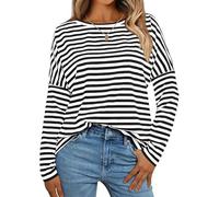 Btofellin Sudadera de mujer de cuello redondo a rayas de manga larga deportiva camiseta sin capucha camiseta casual bloques de color camisas cómodas Tops usable todo el año, Negro , XL