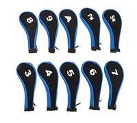 BTOSEP Juego de 10 fundas de neopreno para cabeza de palo de golf, diseño de cremallera duradera, para golfistas, amantes de la madera, hierro, impresión digital para fácil identificación (azul)