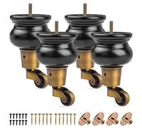 Btowin VCF Patas de madera para muebles de 12 cm con ruedas, juego de 4 patas de madera maciza, husillos, patas de muebles con ruedas y pernos M8 preperforados y placas de montaje para armario, sofá,