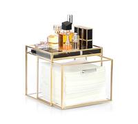 BTSKY Caja de almacenamiento desechable de vidrio dorado para toallas faciales con bandeja superior, recipiente transparente para toallas faciales, caja de almacenamiento de mesa para paños de