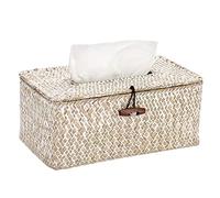 BTSKY Caja de pañuelos facial rectangular de hierba marina para el hogar, soporte decorativo de papel de seda de mimbre tejido, organizador para cocina, baño, oficina y hotel, lavado blanco