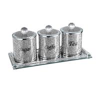 BTSKY Juego de 4 botes de té y café con tapa y bandeja, vidrio espejado con diamantes aplastados para mesa de cocina, decoración de vidrio brillante decorativo para mostrador