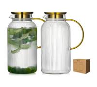 Buaic Paquete de 2 jarras de vidrio con tapa, 1,927.8 g/2 litros, jarra clásica de agua con rayas verticales con asa, jarra de agua de vidrio para infusión fría, café, limonada, té helado y bebidas