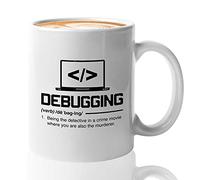 Bubble Hugs Programmer - Taza de café de 325 ml, color blanco, definición de depuración siendo el detective, programador, programador, desarrollador de computadoras, compañeros de trabajo