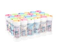 Bubble World Burbujas de jabón Stitch & Angel Set de 24 unidades Shrink de 60 ml. Regalos para fin de fiesta de cumpleaños para niños, gadget invitado. Líquido con juego laberinto en la tapa. Gadget