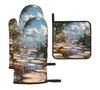 Bubbles on The Path - Juego de 3 manoplas de horno y soportes para ollas de cocina, gruesos y duraderos, antiquemaduras y aislamiento térmico para tapa de cocina, horno microondas