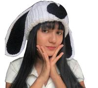 BUBEFSKD Gorro de ganchillo hecho a mano para adolescentes Y2K oreja de conejo punto señora invierno cálido fiesta de Año Nuevo gótico, blanco y negro, Talla única