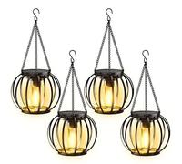 BUCASA Farolillos Solares Exterior Colgantes, 4 Piezas Luz Solar Exterior Jardin con Bombilla LED, Impermeable Metal Lampara Solar Exteriors para Césped Balcón Patio Jardín (Negro circular, 4)