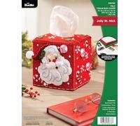 Bucilla Kit de cubierta de caja de pañuelos de fieltro, Jolly St. Nick, perfecto para vacaciones DIY Artes y manualidades, 89678E
