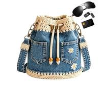 Bucket Bags for Women Retro Boho Crochet Trim Daisy Embroidery Drawstring