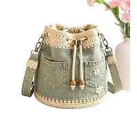 Bucket Bags For Women - Retro Boho Crochet Trim Daisy Embroidery Drawstring