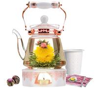 Buckingham Palace - Juego de tetera y té floreciente (6 piezas) - Tetera de vidrio segura para estufa (40 onzas, 4 a 5 tazas), tapa de porcelana, calentador de té, infusor de té suelto, 2 flores