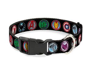 Buckle-Down 9Avenger Icons Black/Multi Color Marvel Avengers Plastic Clip Collar Moda para Mascotas, Nailon, Multicolor, 1.5" Wide - Fits 16-23" Neck - Medium