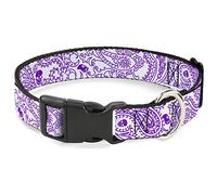 Buckle-Down Bandana/Skulls - Collar de plástico con Clip de Color Blanco y Morado, 2,5 cm de Ancho, para Cuello de 38 a 66 cm