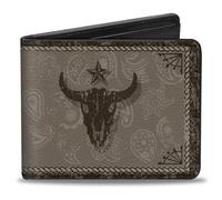 Buckle-Down Billetera, Plegable, Estilo Vaquero Occidental, Collage de Iconos Marrones, Cuero Vegano, Western, 4.0" x 3.5"