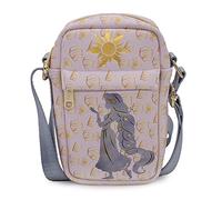 Buckle Down Bolsa de Disney, cuerpo cruzado, silueta de postura rapunzel enredada y sol, amarillo rosa, cuero vegano, Rapunzel enredado
