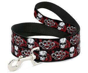 Buckle-Down Brass Knuckles/Skulls/Roses Black/Red/White Pet Leash, 6" x 1"