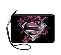 Buckle-Down Buckle-Down - Cartera con cremallera Superman, accesorio grande, 20,3 x 1,2 m, Superman Shield 4 rosas desgastadas negro/blanco/rosa, 8" x 5"