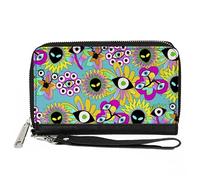 Buckle-Down Cartera con cremallera alrededor, diseño de flores alienígenas funky, color azul aguamarina, multicolor, cuero vegano, Varios colores, 7.5"x4.5", Casual