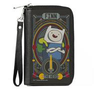Buckle-Down Cartera de red de dibujos animados, cremallera alrededor, tiempo de aventura, Finn, el héroe, pose, icono de espada, negro/multicolor, cuero vegano, Negro -, 7.5"x4.5", Casual