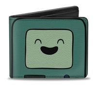 Buckle-Down Cartoon Network - Cartera plegable con ranuras estándar para billetera y tarjetas, logotipo de título de Adventure Time y cara sonriente BMO verde azulado, cuero vegano, turquesa, 4 x 3.5